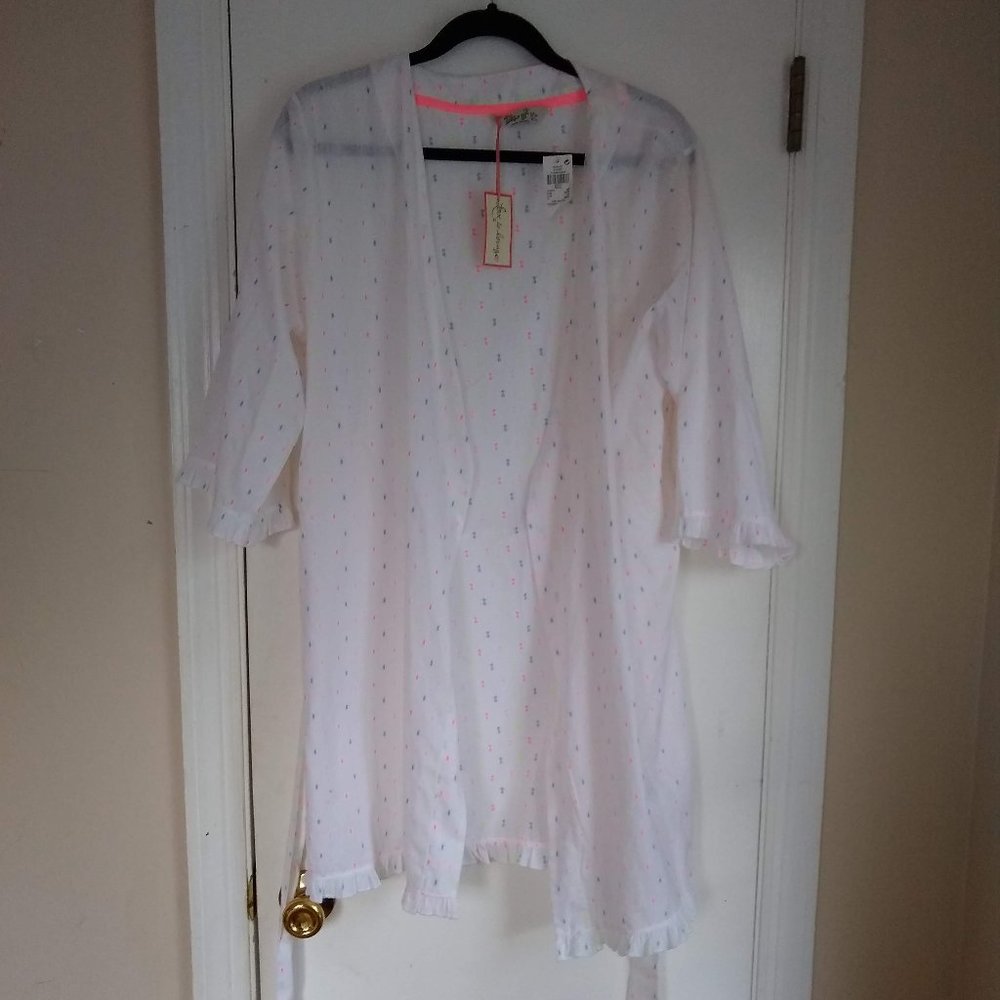 Bright neon poka-dot white cotton robe